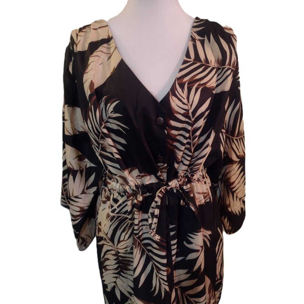 Tropical Leaf Print Kimono Dress Size L Black Ivory Button Tie Waist Mini